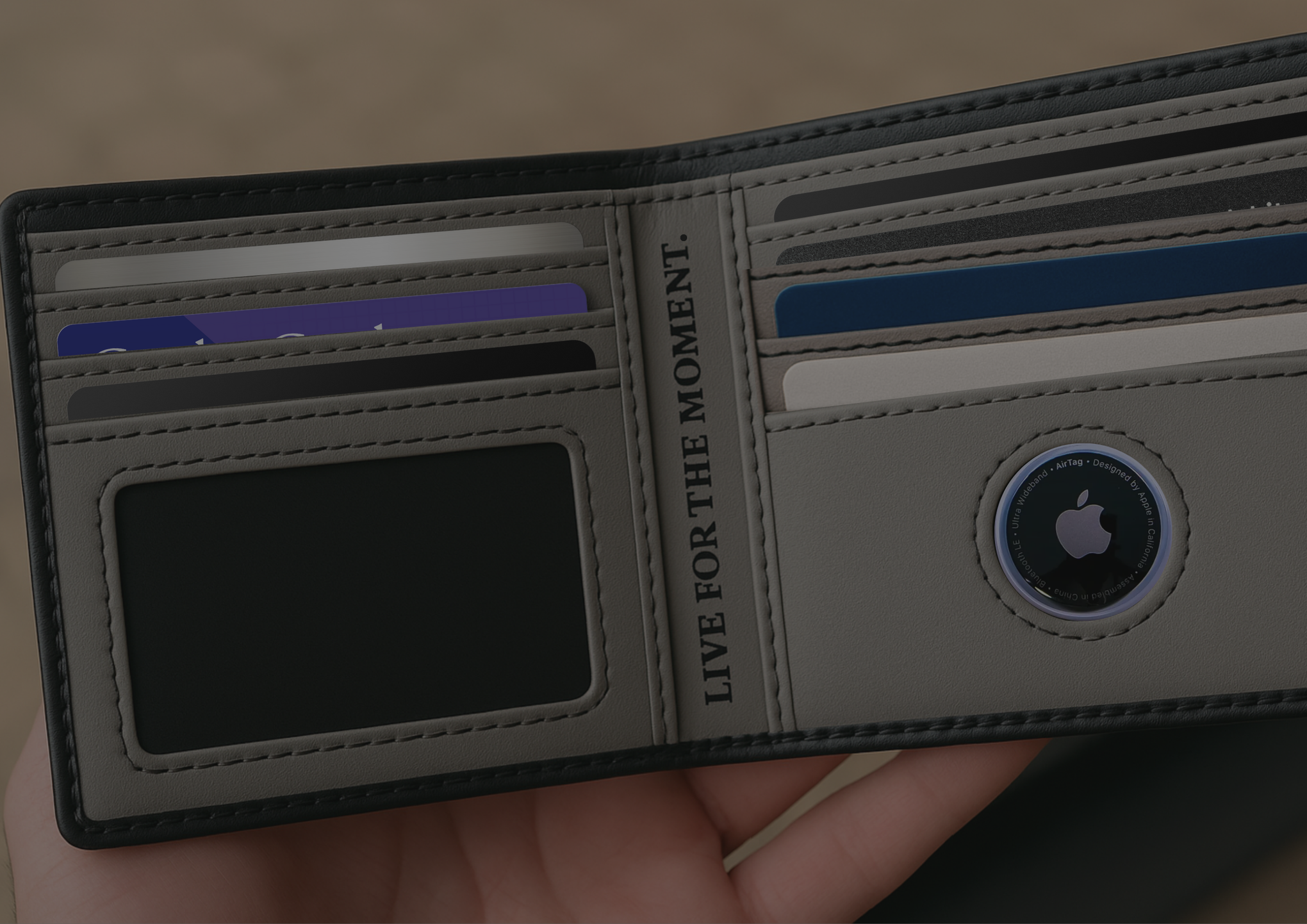 Leather minimalist black AirTag wallet with slim RFID blocking design